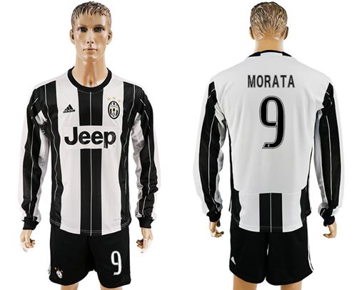 Juventus #9 Morata Home Long Sleeves Soccer Club Jersey - Click Image to Close